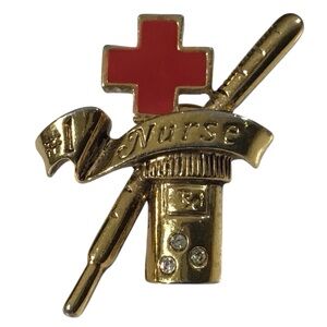 # 1 Nurse Lapel Pin Red Cross Gold Tone Red RX Clear Stones